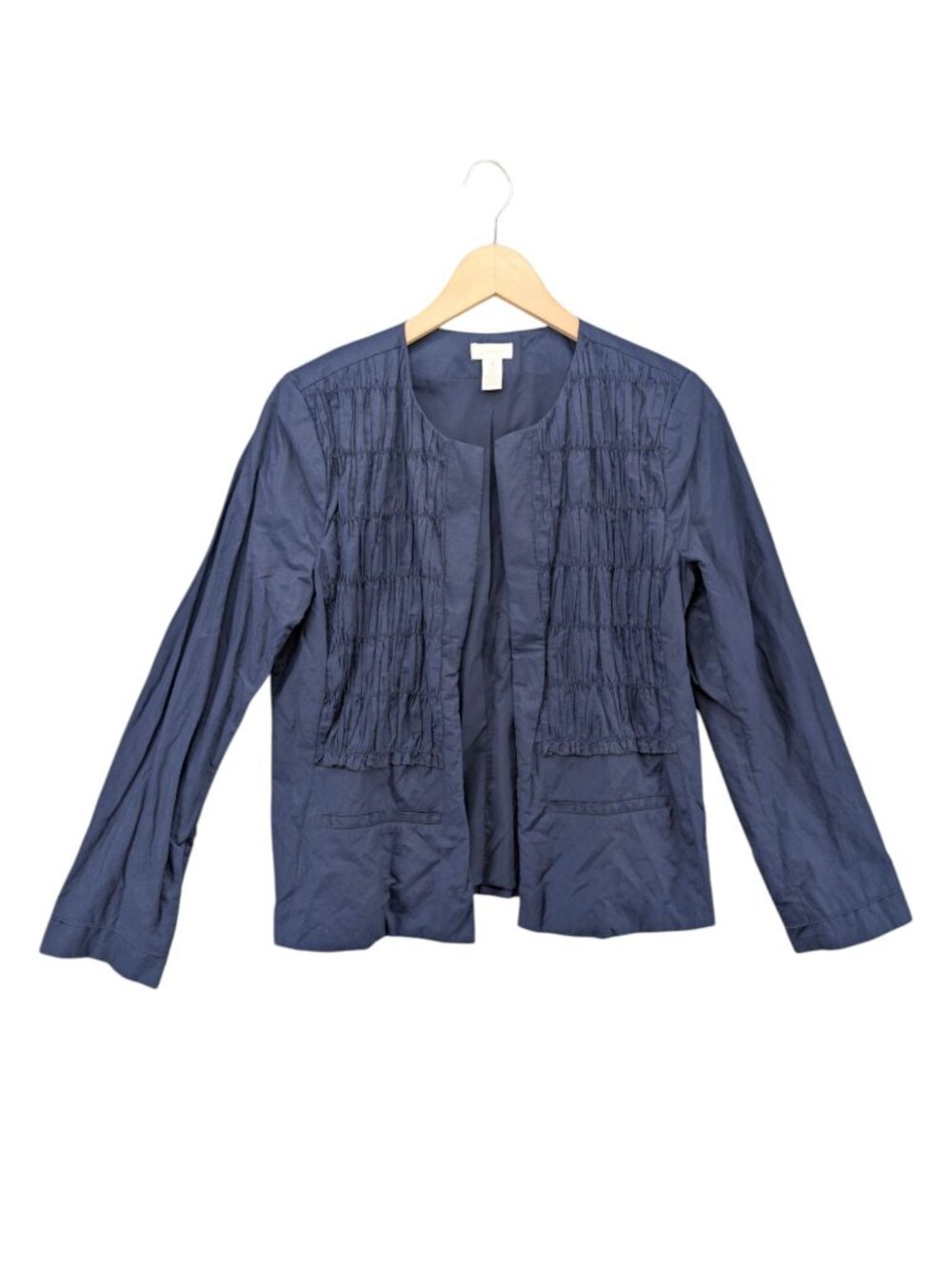 Chicos Ruched Open Front Jacket Womens Navy Blue Lightweight Long Sleeve Size M